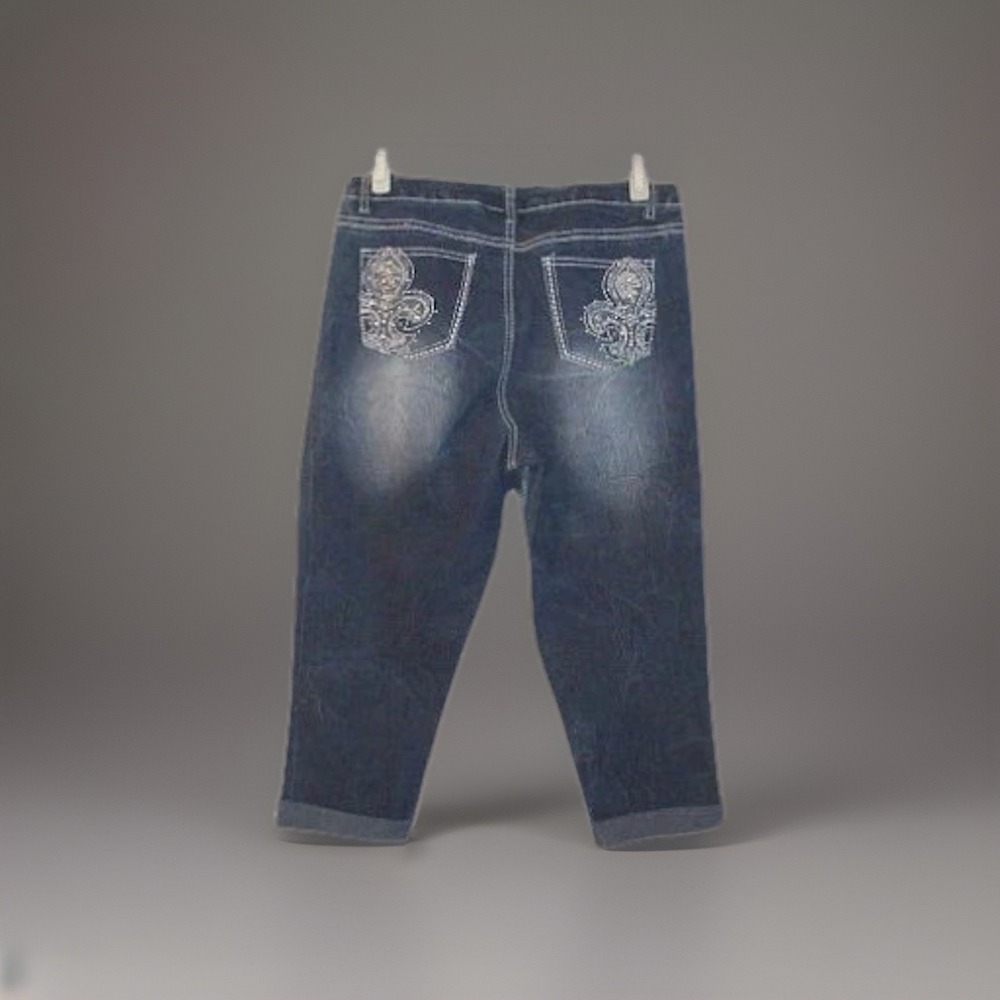Vtg Y2K 90s Revolt Denim Capri Jeans 12 Lace Rhinestones High Rise Cyber Grunge